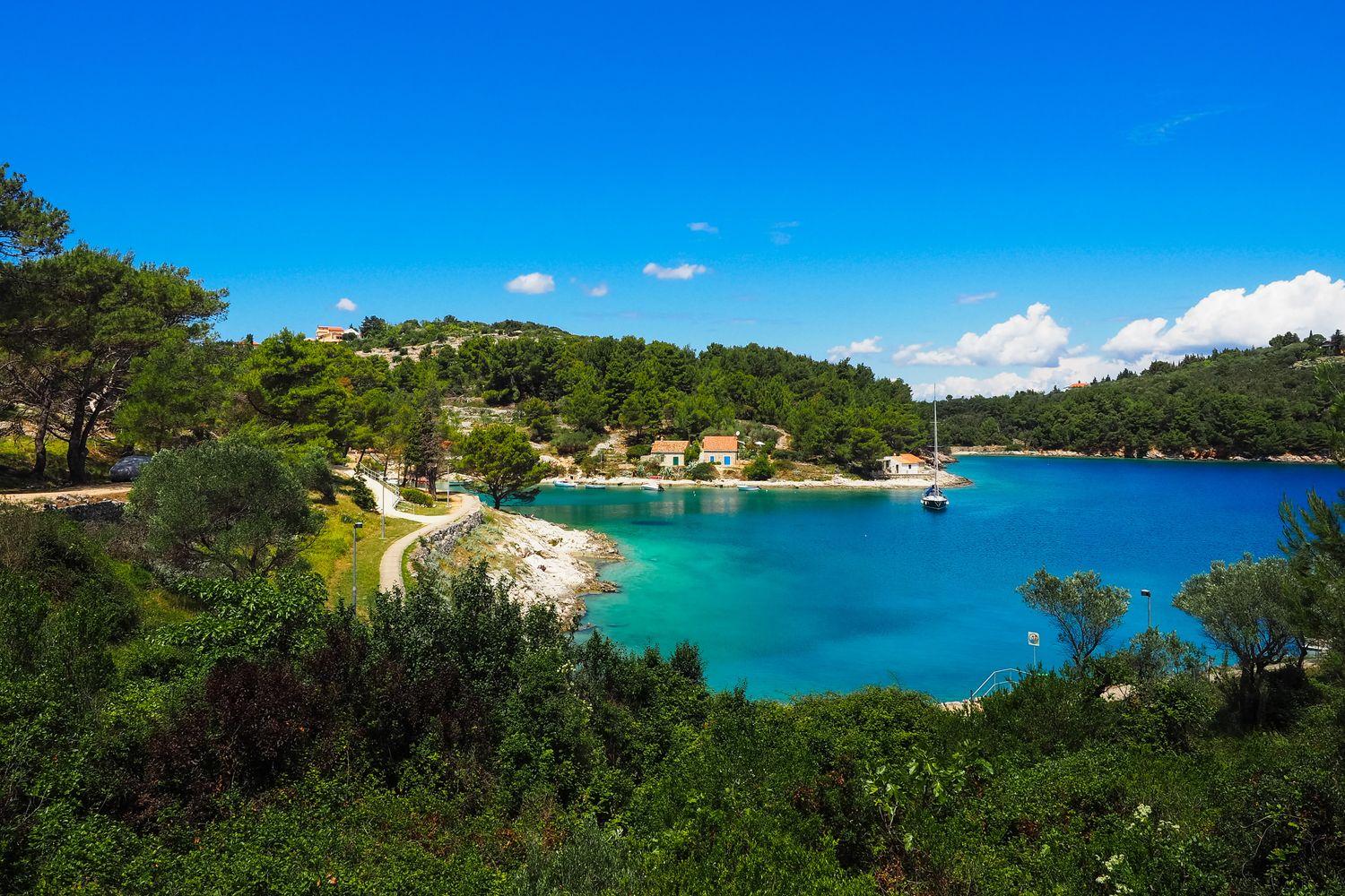 Bucht vor Losinj, Kroatien mit strahlend blauen Meer, umgeben von sattem grün